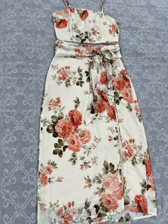 SHEIN Dresses & Skirts - SHEIN Cream Midi Dress with Coral Floral Print and Waist Tie- 2 Piece Set
